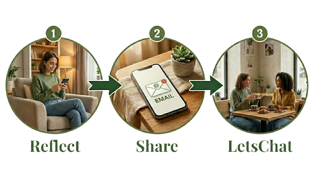 how it works flowchart - 1.Reflect 2.Share 3.Lets Chat